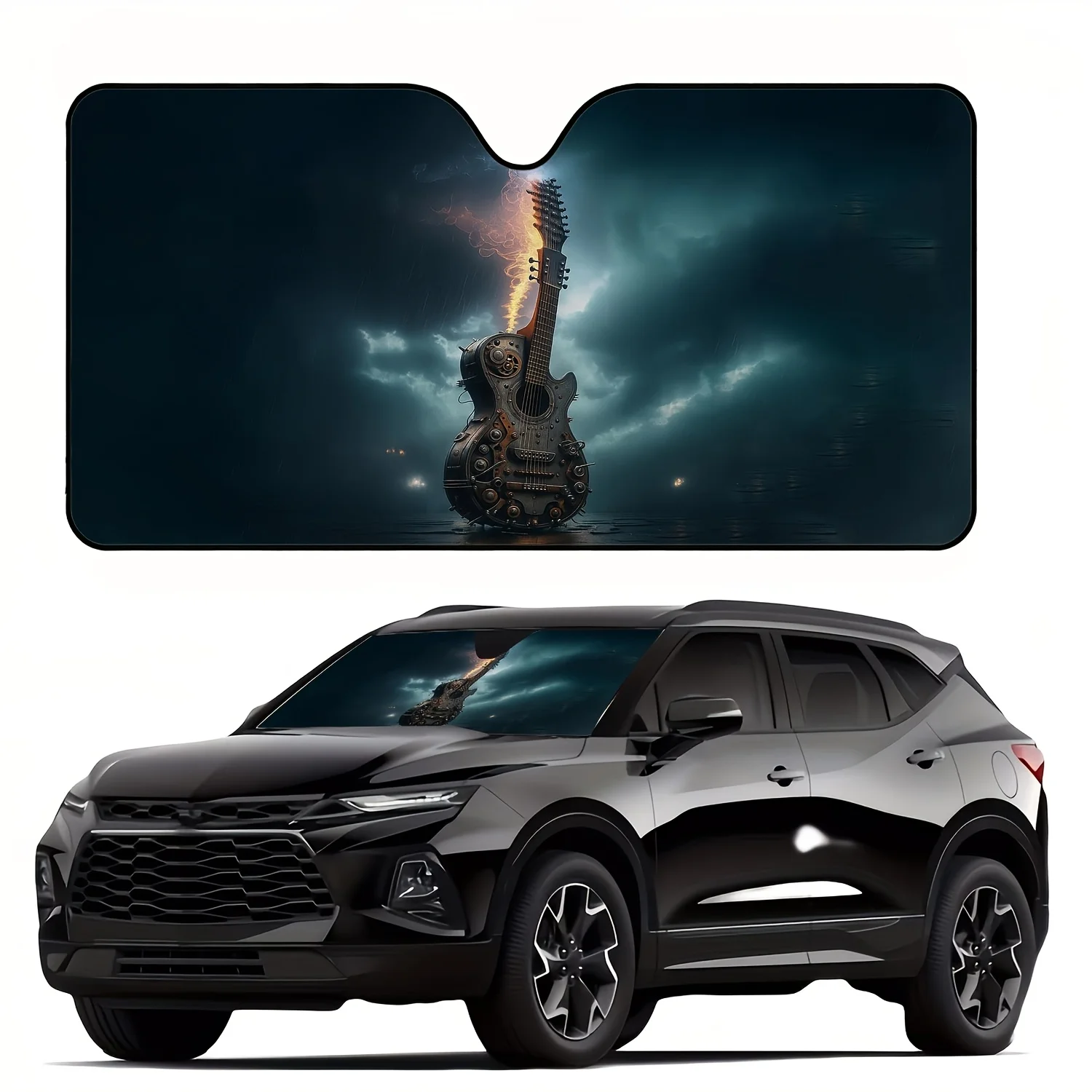 Rock Guitar Style Car Sun Visor Cool Flame Print Pattern UV Protection Fashionable Design Easy to Install