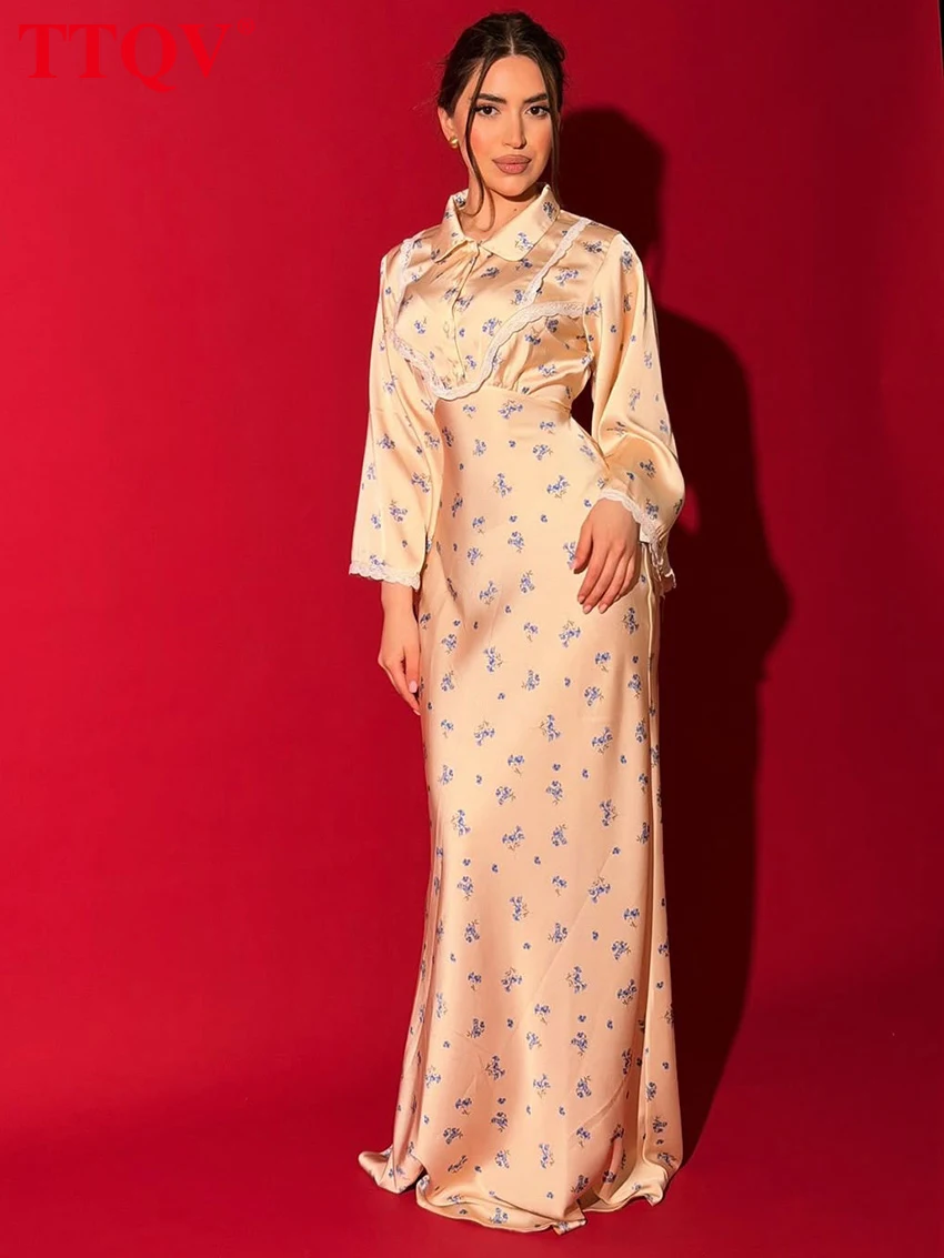 

TTQV Fashion Slim Print Women's Dress 2026 Autumn Lapel Long Sleeve Maxi Dresses Lady Elegant Classic Female Dress Streeetwear
