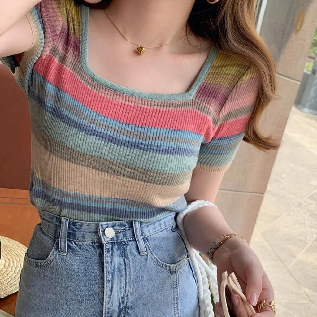 

Women's Knitted Short-Sleeved T-Shirt Summer Square Collar Rainbow Stripes Slim Fit Casual Top for Spring