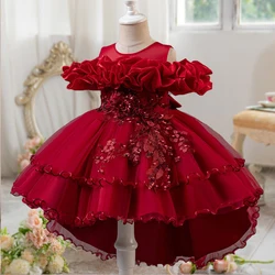 Fashion Pink Flower Girl Party Dresses Wedding Birthday Tulle Princess Dress for Kids Graduation Pageant Bridesmaid Kids Costume