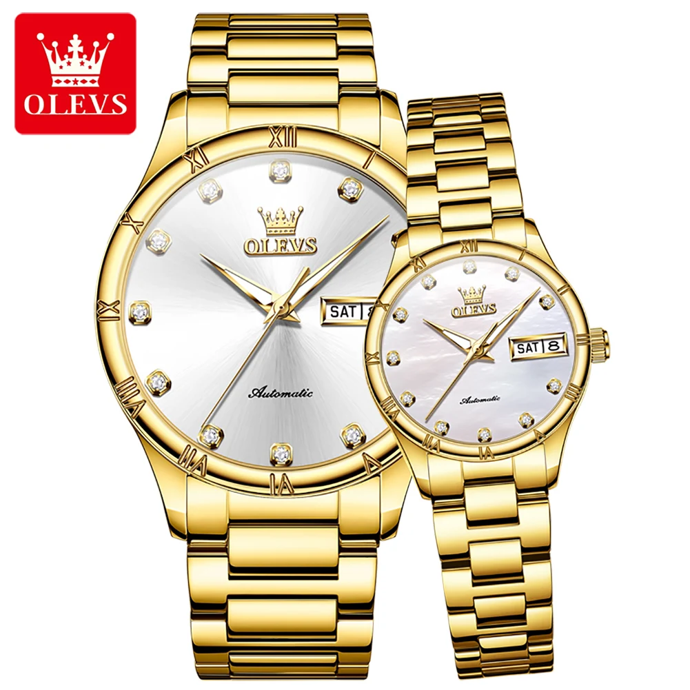 OLEVS 7030 Dual Calendar Mechanical Couple Watches Fashion Roman Scale Diamond Wristwatch Waterproof Luminous Top Brand Watch