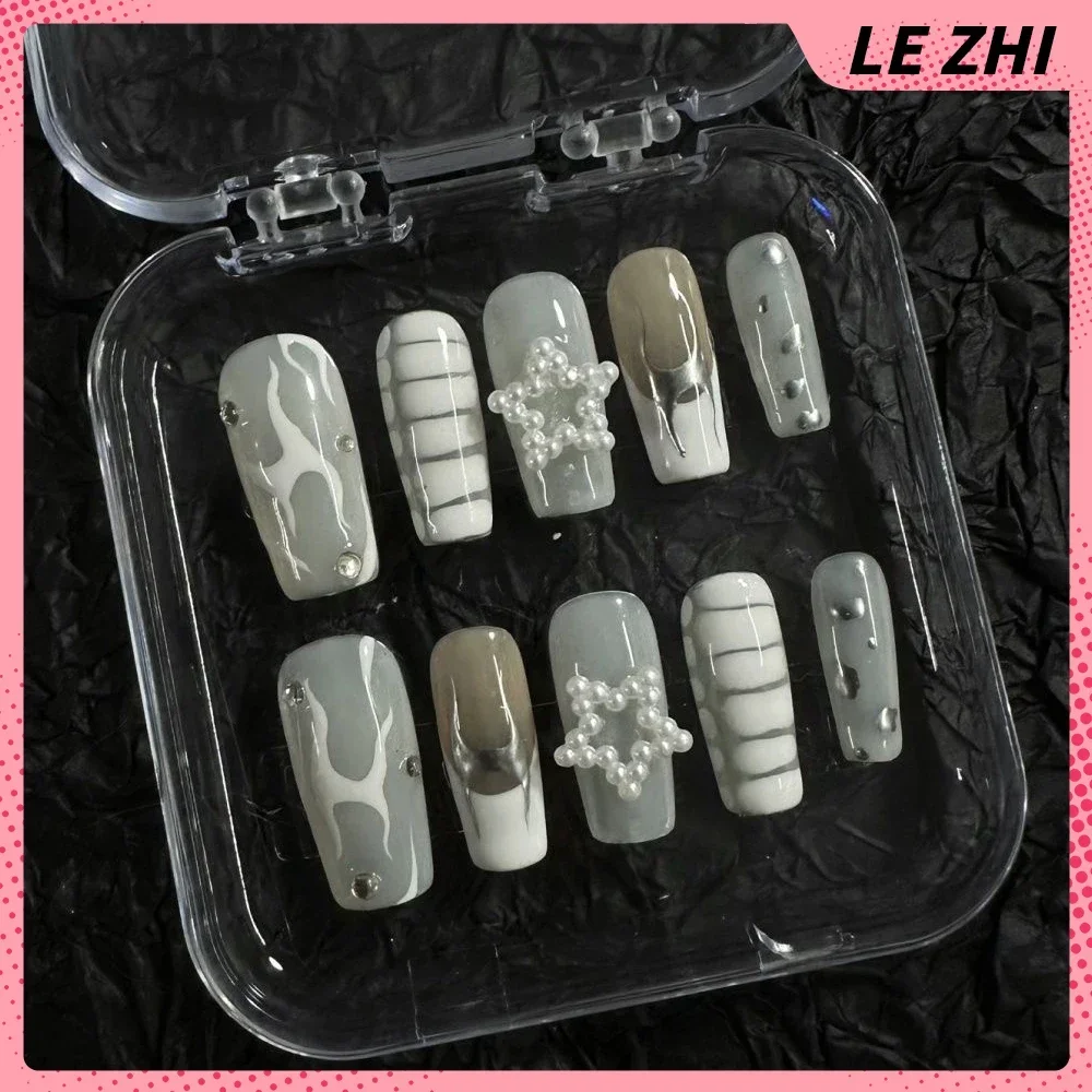 French Star Flower Simple Long Coffin Quadrate Fake Nails Art Handmade Y2K Hottie Reuses Press On Nail Party Stickers