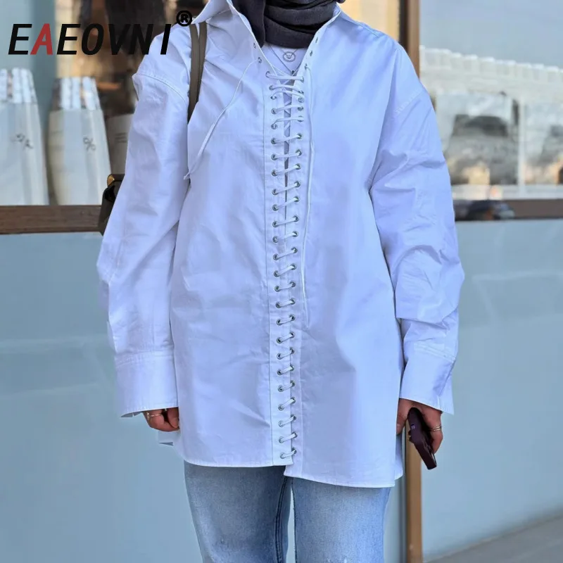 

EAEOVNI White Fashion Women Shirt Bandage Design Lapel Long Sleeve Versatile Blouse Casual 2025 Autumn New Clothing