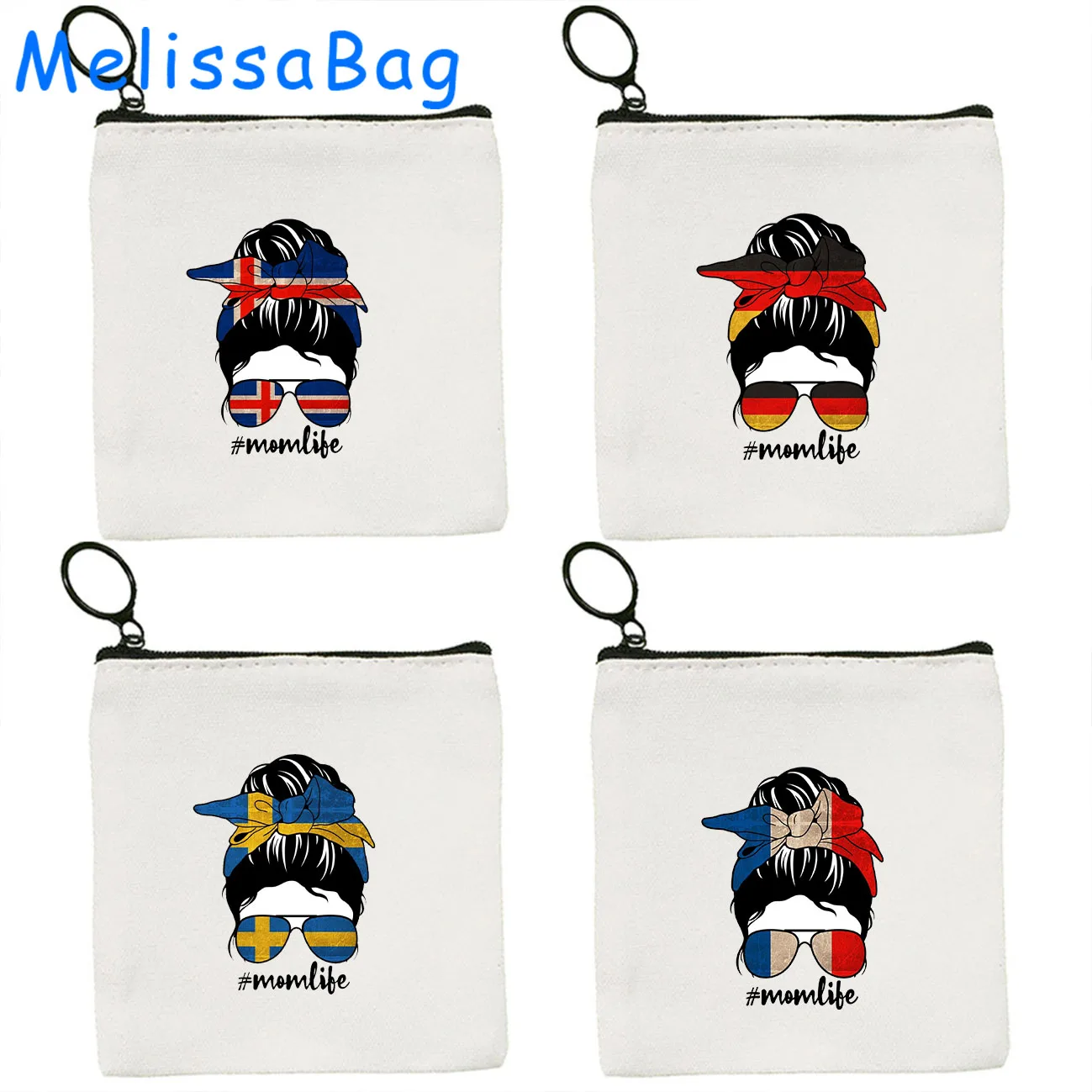 German Greek USA British Mom Life Messy Bun Patriotic Country Flags Gifts Canvas Coin Purse Key Case Storage Bag Zipper Pouch