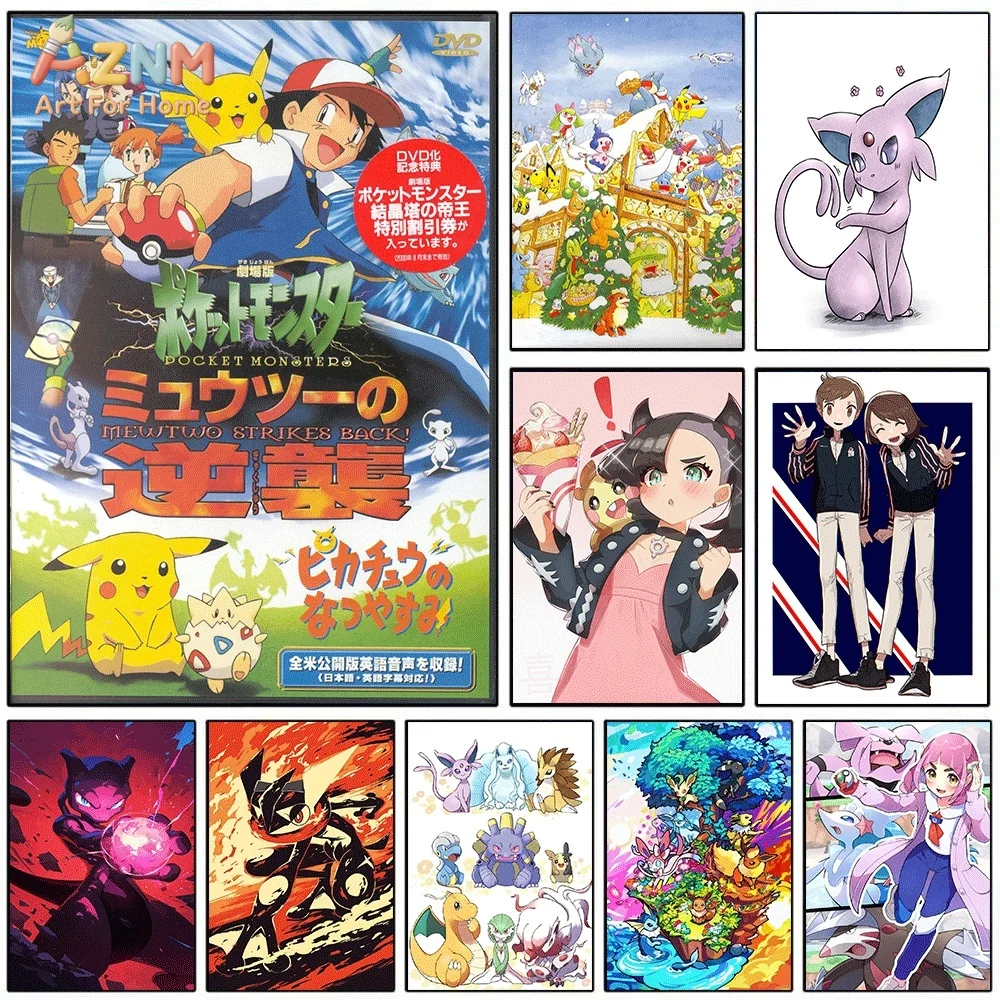 AZNM Pokemon Movie Mewtwo Strikes Back, impresión en lienzo para pared, Ash Pikachu, Marnie, Espeon, arte de Anime, pintura en lienzo sin marco para niños