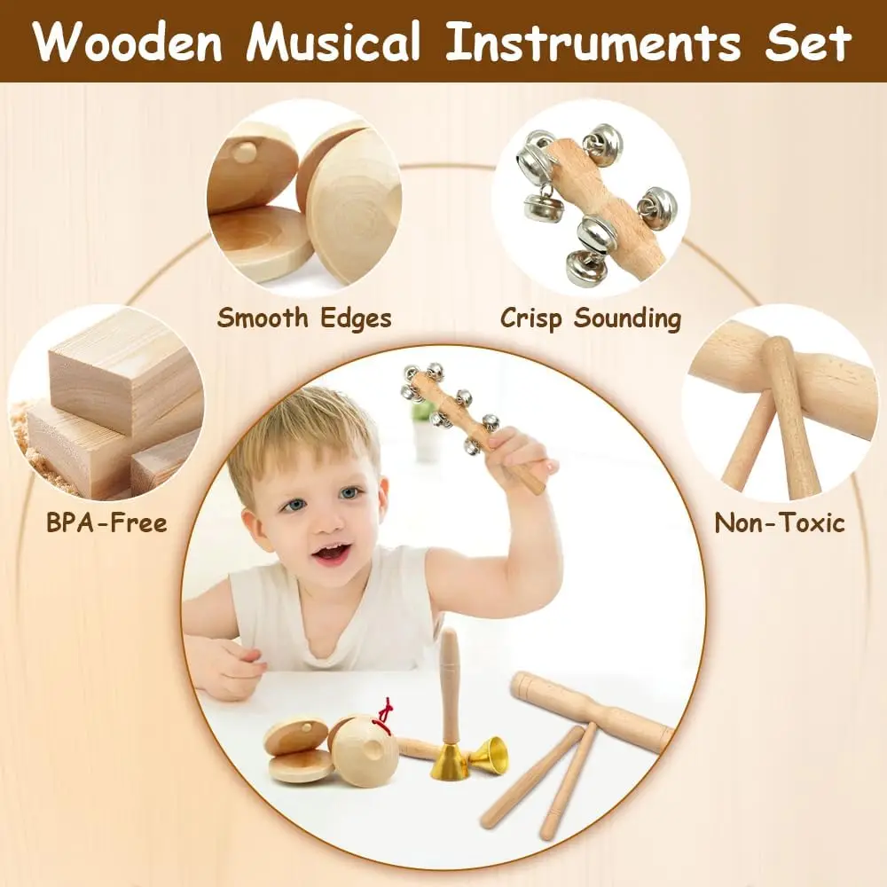 Giocattoli per strumenti musicali per bambini Armonica a tamburo in legno naturale Montessori Strumento Orff Gioca a musica per asilo Giocattoli per l'apprendimento