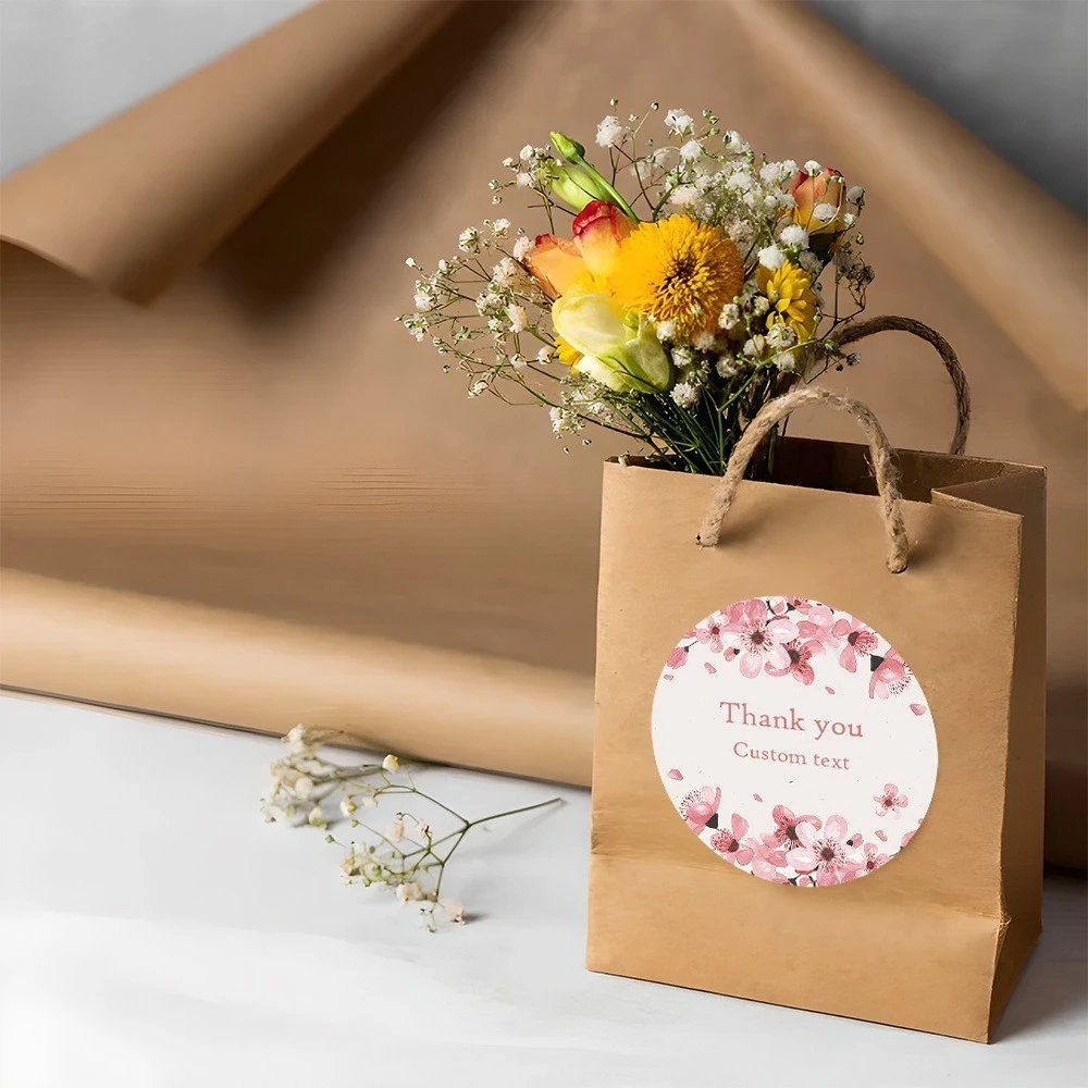

200pcs Custom 5/6cm Diameter Round Cherry Blossom Thank You Stickers Labels For Gift Bag Flower Bouquet Packaging Party Favors
