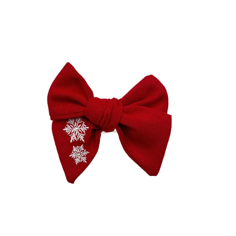 

*christmas snowflake hair bow red embroidery hair bows for new year
