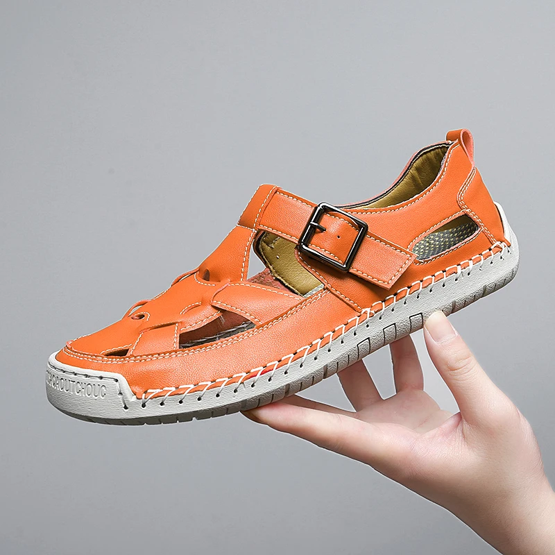 Sandalias de Mujer, Zapatos de verano hechos a mano, costura a la moda, cuero genuino, punta cubierta, Zapatos informales suaves para caminar, Plataforma para Mujer