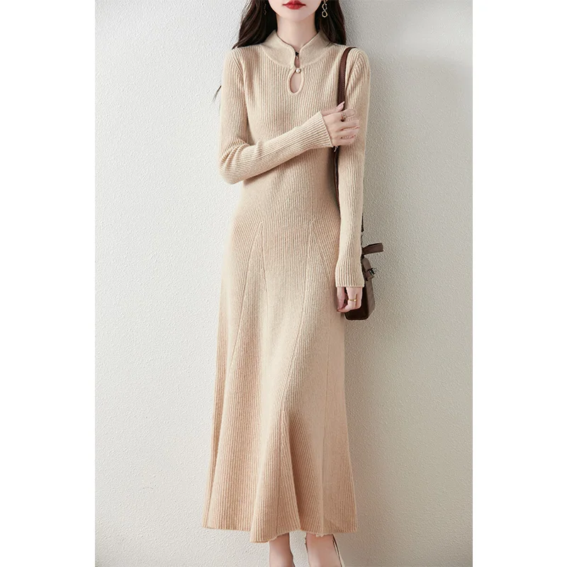 100% Wool Slim Fit Merino Dress Fish Tail Women\'s Autumn Winter French Fashion Drawstring Solid Color Warm Soft Knitted Pullover