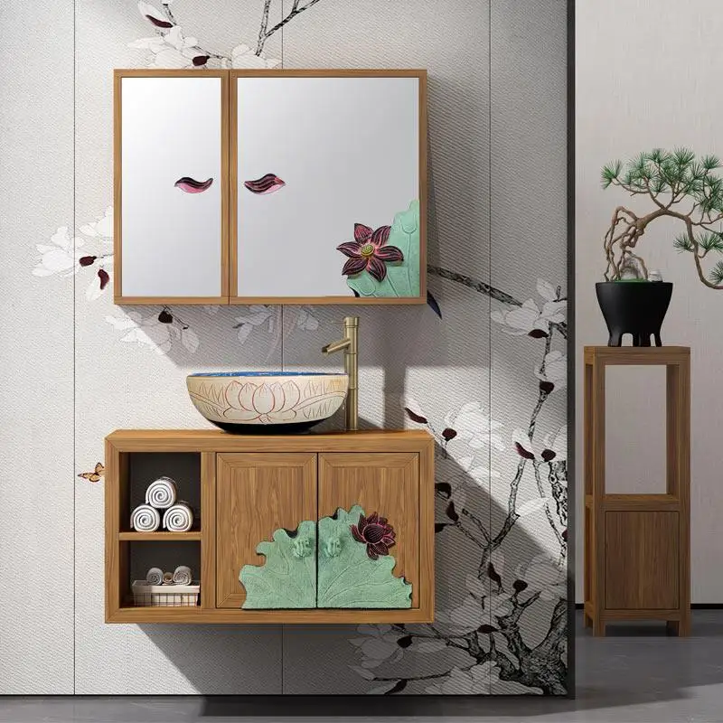 

Solid wood bathroom cabinet mirror cabinet combination, bathroom wall-mounted washstand, face wash basin cabinet