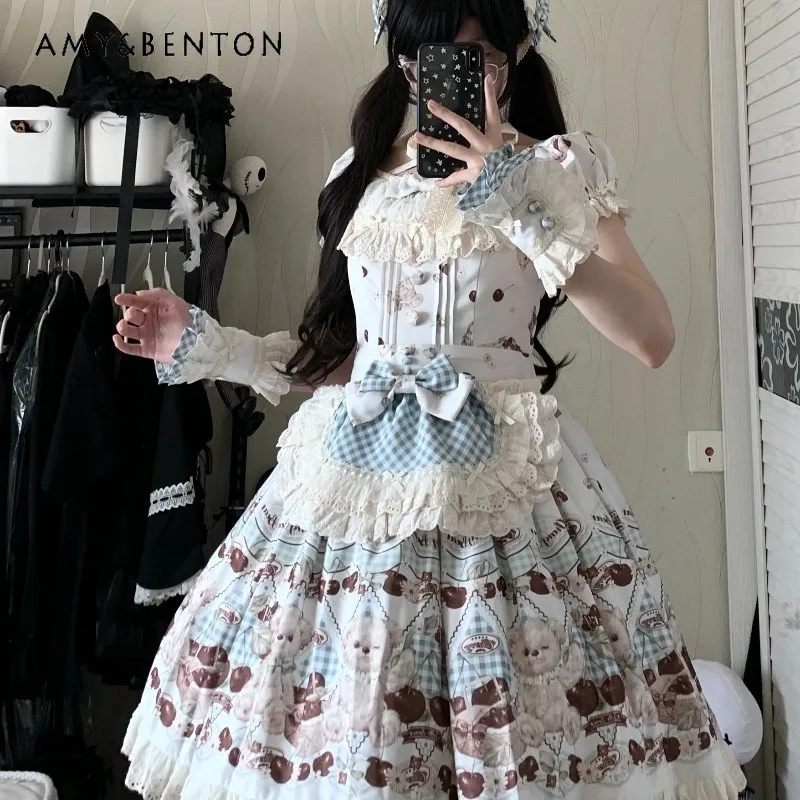 Urocza sukienka Lolita z nadrukiem, w stylu słodkiej dziewczyny, księżniczki, na co dzień, oryginalna, urocza, z kokardą, bufiastymi rękawami, wiązana na szyi, dopasowana mini sukienka, sukienki wieczorowe.