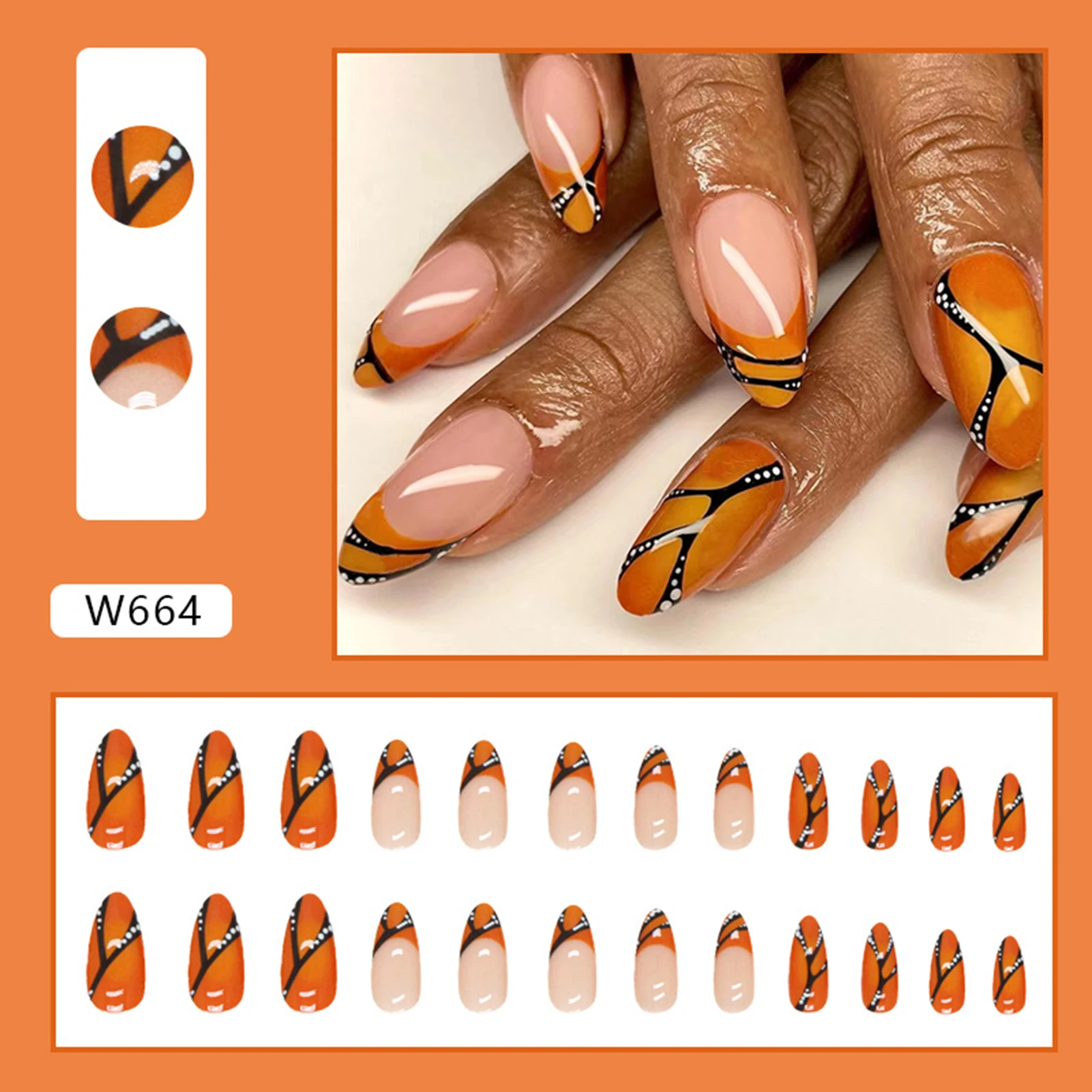 Orange Tips Almond False Nails Full Cover Environment Friendly Nails for Tips Artificial Finger Manicure