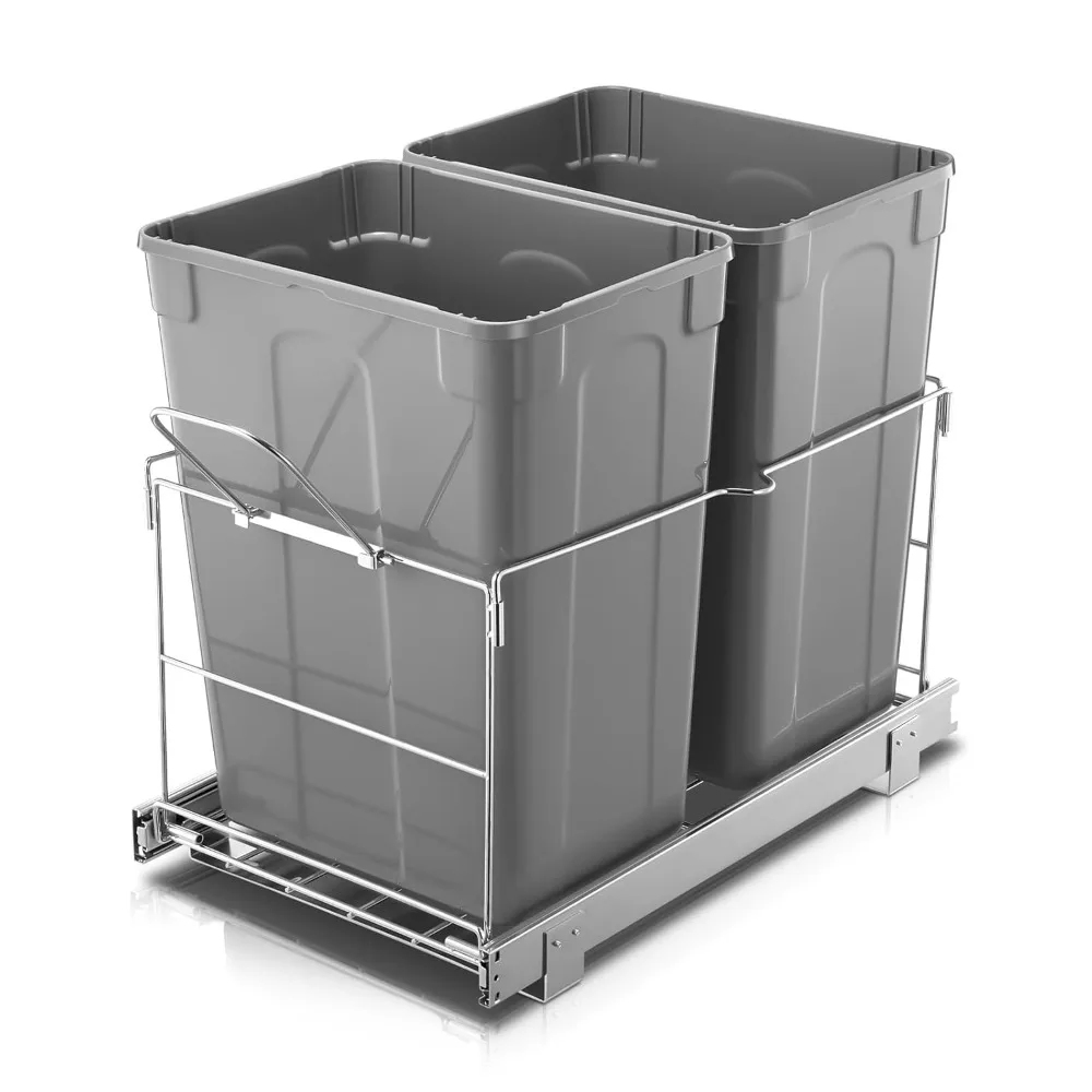 

Pull Out Trash Can Under Cabinet, 35 QT Double Under Sink Trash Can Waste Container with Chrome Wire Bottom Mount