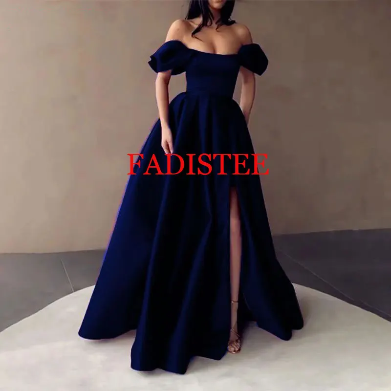 Royal Blue Satin Prom Dresses Strapless Off the Shoulder Split Evening Dresses Pleated A-Line Long Formal Gowns