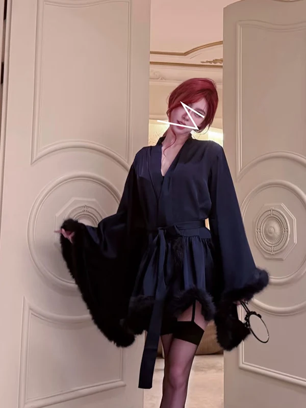 

Feather Trim A-Line Dr with Waist-Cinching Belt Wide Sves V-Ne Ice Sensation Satin Morning Robe ort Dr