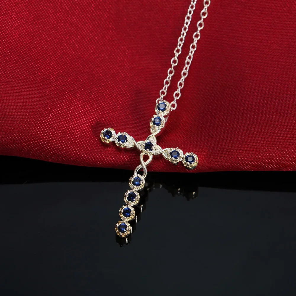 Lihong 925 Sterling Silver Necklace Zircon Cross Pendant Necklace Women Men Wedding Accessories Jewelry Gifts