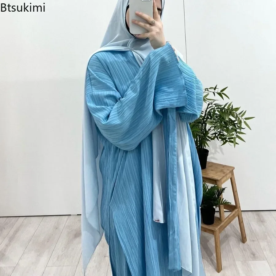 2024 Arab Muslim Women Modest Dress Sets Mid Length Long Sleeve Wrinkled Pleated Robe Tops with Skirt Suit Islam Clothing Abaya