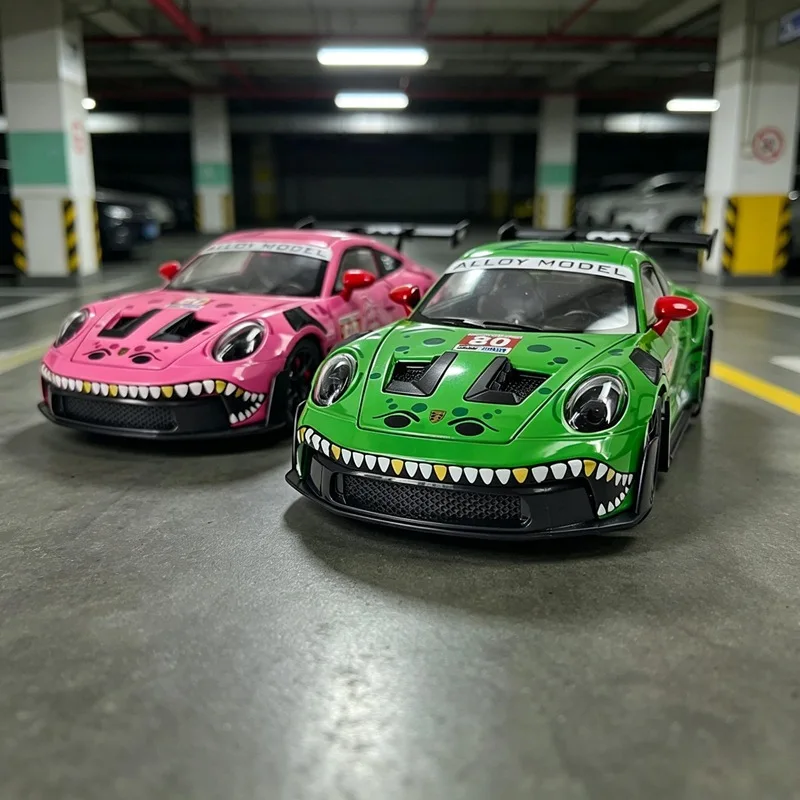 

1:24 Scale Alloy 911 GT3 RS Model Unique Dinosaur Paint Job Built In Steering Pull Back Interesting Educational Kid Play Vehicle