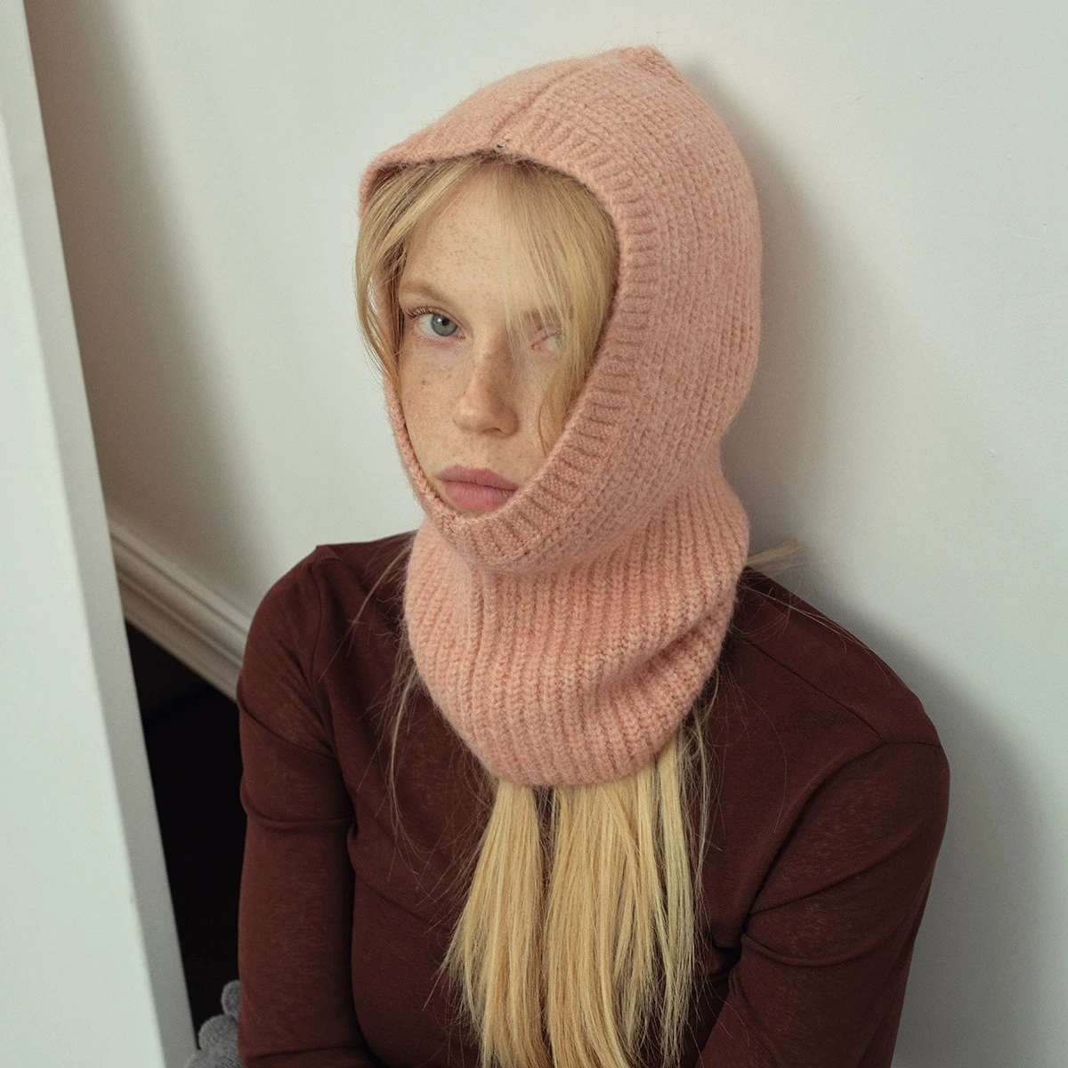 Handmade Alpaca Wool Blend Classical Knitted Balaclava Hat for Women Pullover Woolen Hat for Autumn and Winter