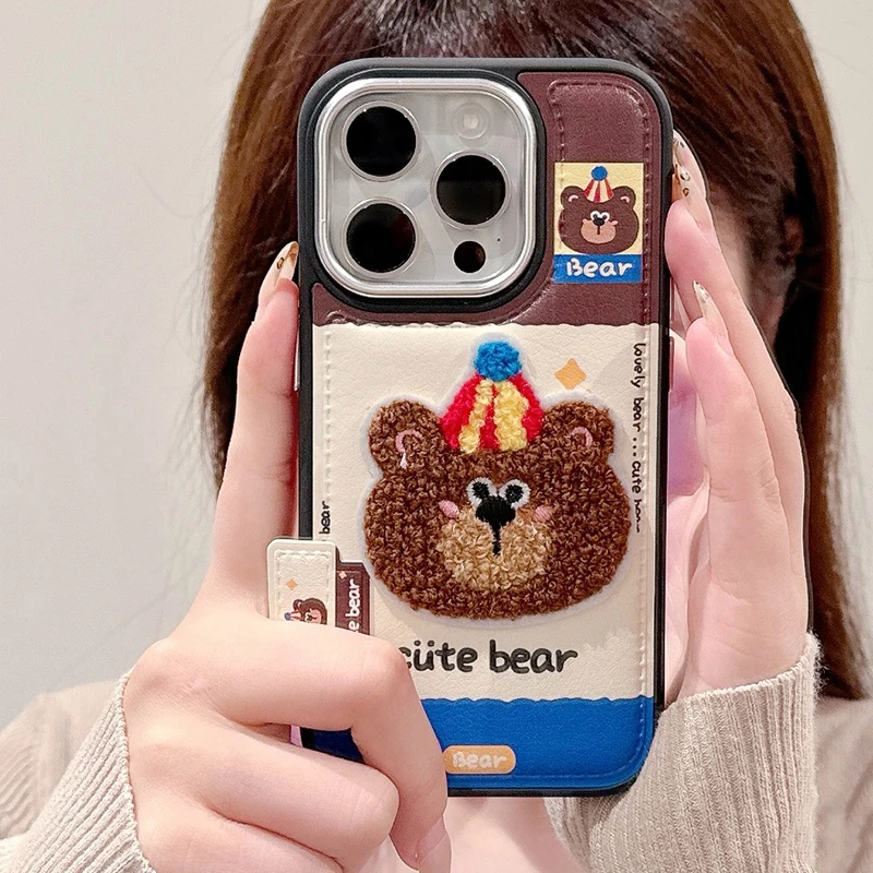 Cute Cartoon Embroidery Bear Dog Leather Case For iPhone 13 14 15 16 17 Pro Max Lovely Soft Silicone Phone Cover