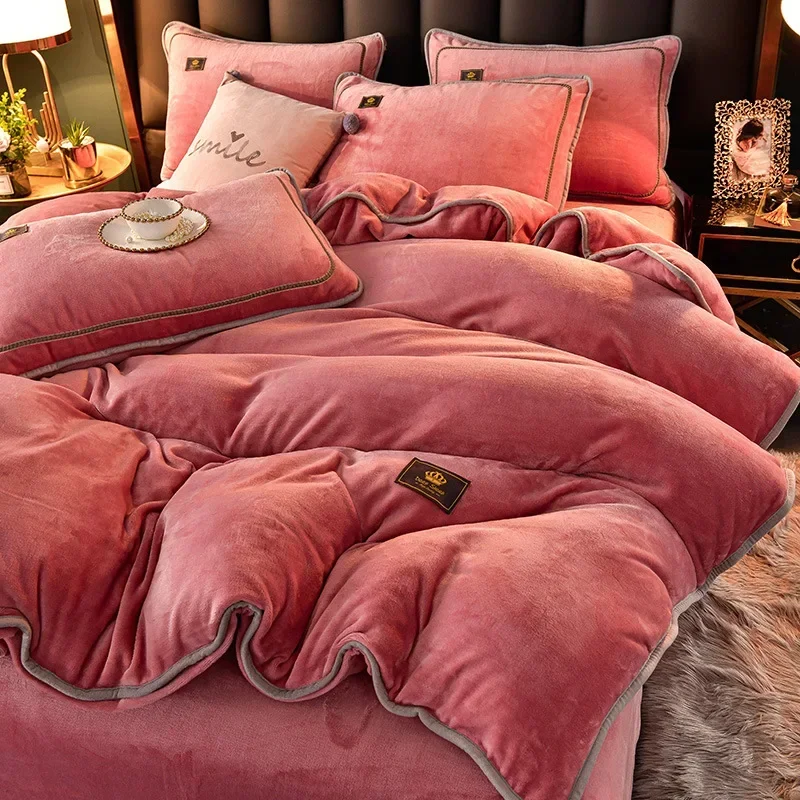 

3/4PCS King Bedding Set Solid Thick Coral Velvet Duvet Cover Set Winter Warm Flannel Bed Flat Sheet Pillowcases Quilt Cover