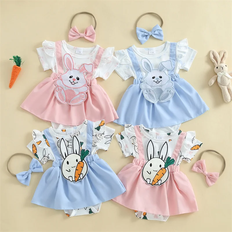 

Комбинезон для маленьких девочек Cathery, пасхальная одежда, юбка с вышивкой кролика и моркови, подол, боди, комбинезоны с повязкой на голову