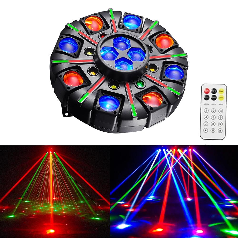 

Светодиодный прожектор RGBW 150 Вт с эффектом лазерного луча (красный и зеленый), стробоскоп, DMX512, дистанционное управление, для дискотек, баров, караоке, сцены, Рождества