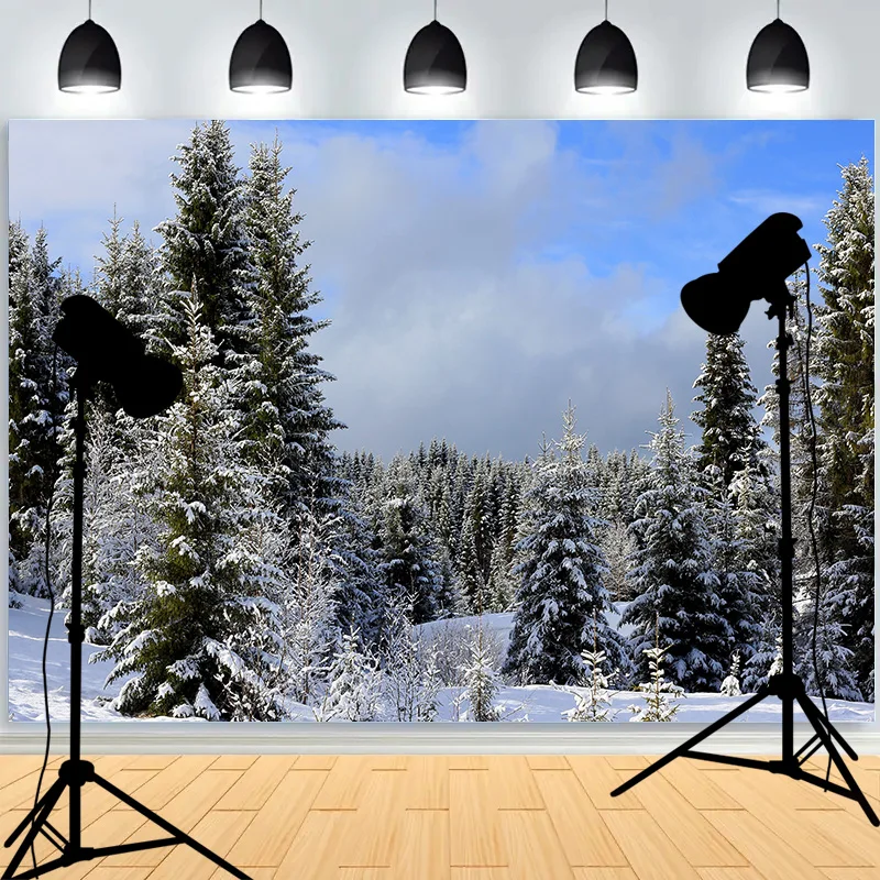 Snowflake Pine Forest Frozen Stream Photography Background Frost Snow Hill Winter Wonderland Photo Studio Backdrops AM-01