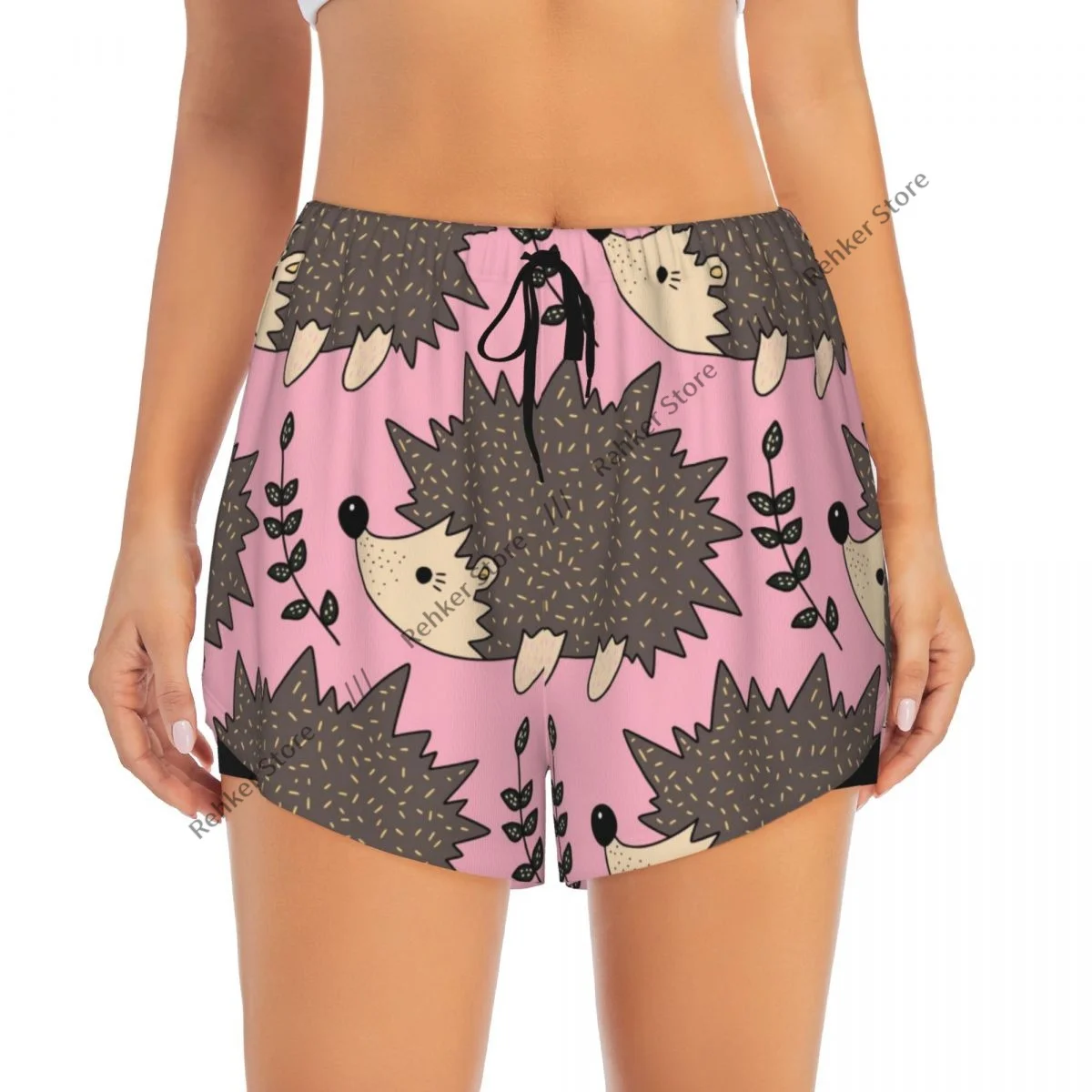 Cute Forest Hedgehogs Women's Double Layered Quick-Dry Athletic Shorts for Outdoor Leisure Running Fitness Workout Sport