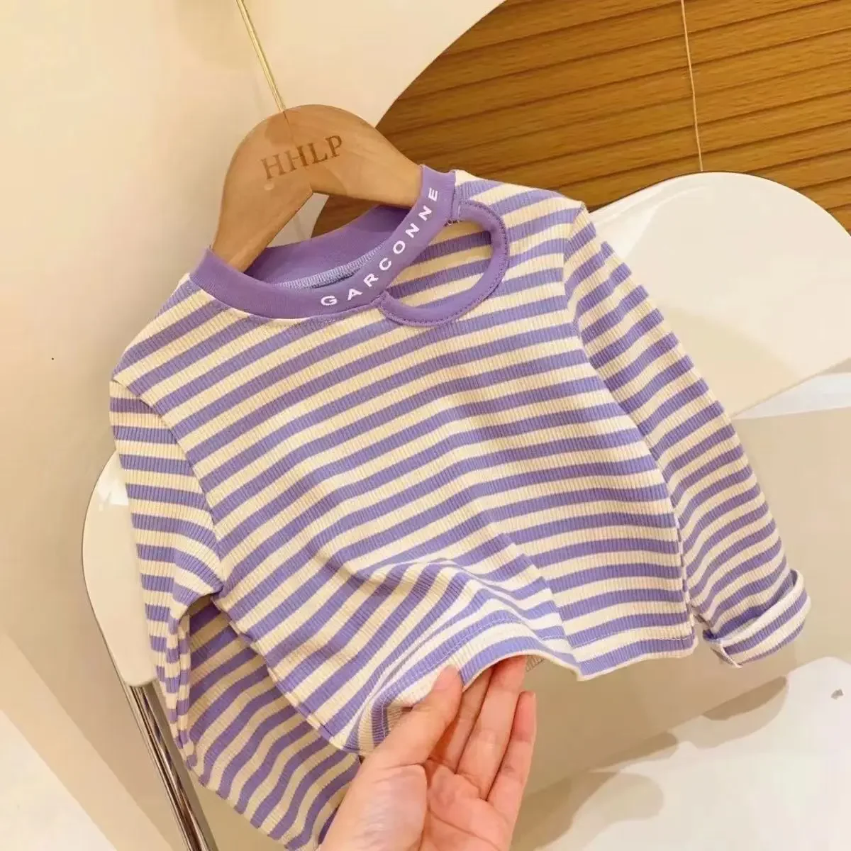 Baby Girls T-shirt 2024Spring and Autumn New Letter Hollow Round Neck Stripe Long Sleeve Bottom Shirt Children's Outwear Top