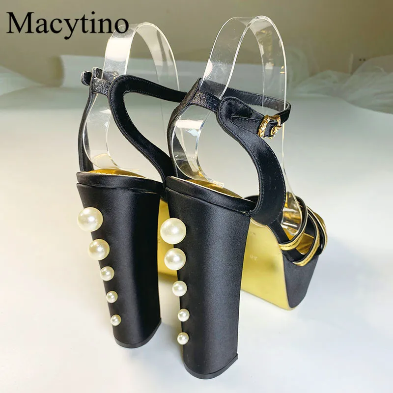 Pearl Embellished Super14 CM High Heel Ladies Sandals Round Toe Block Heel High Heel Sandals Fashion Party Sandals