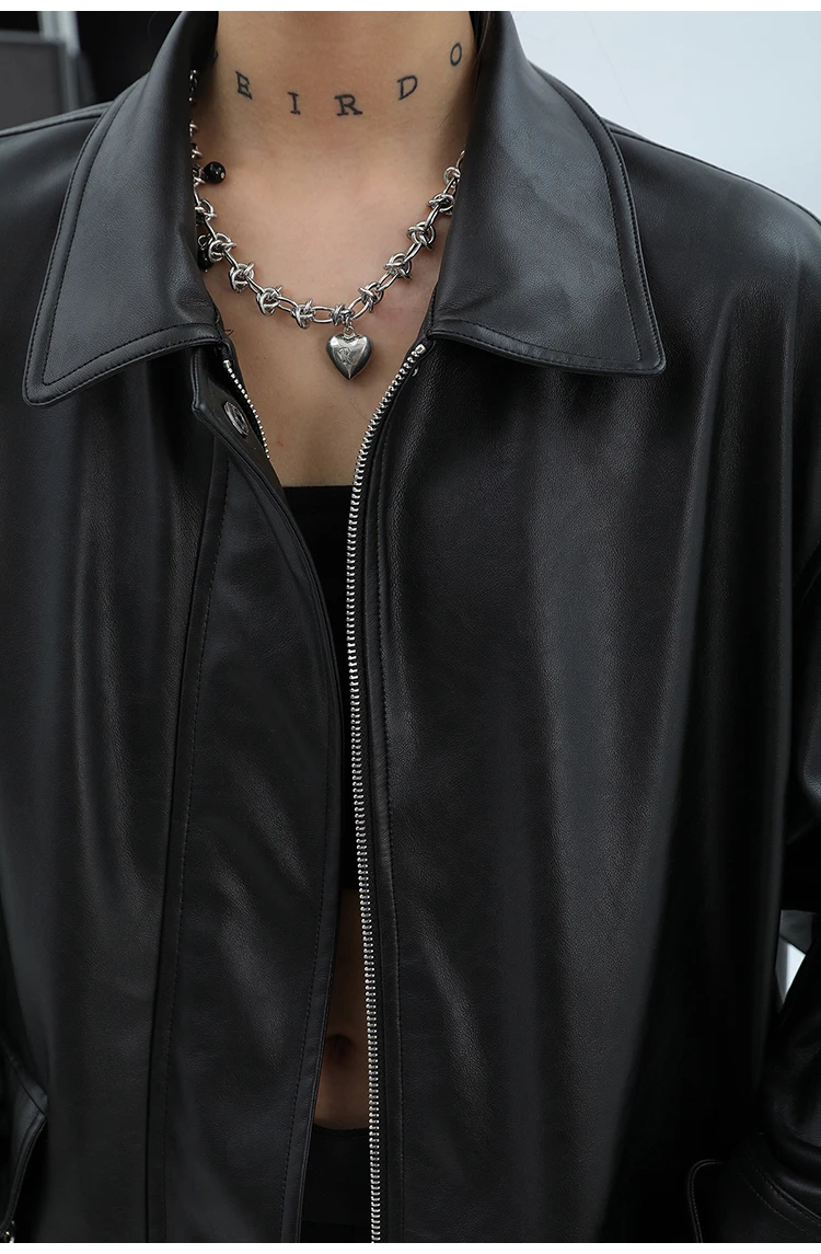 Lautaro Spring Autumn Oversized Casual Waterproof Black Soft Pu Leather Jacket Women with Drop Shoulder Long Sleeve Fashion 2022