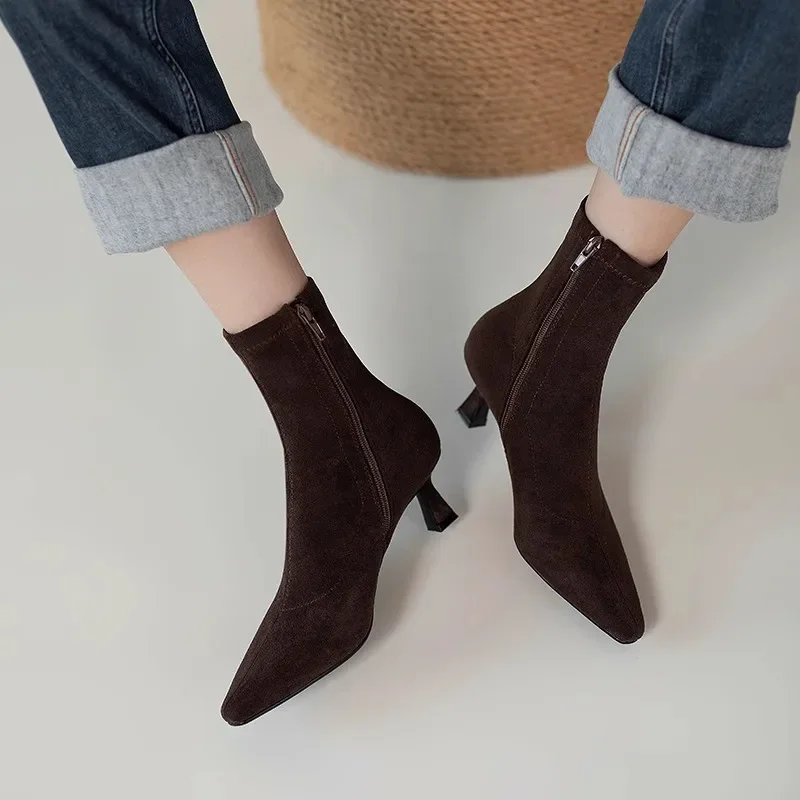 Women Kitten Heel Skinny Boots 2024 Autumn Winter New Elastic Boots Temperament Pointed Toes Thin Heel Suede Short Boots