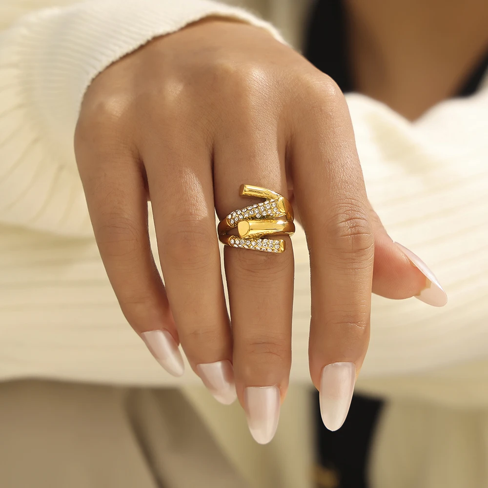 Y Shape Designer Chic Stainless Steel Rings For Women White CZ Gold Plated Finger Ring Charm Waterproof Jewelry Gift