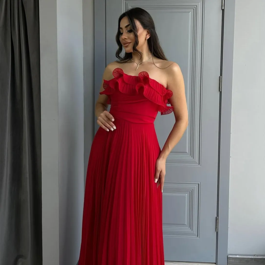 Op maat gemaakte lange chiffon avondjurken met ruches A-lijn geplooid فسات Bravo Mohamedة Watteau trein galajurk voor dames
