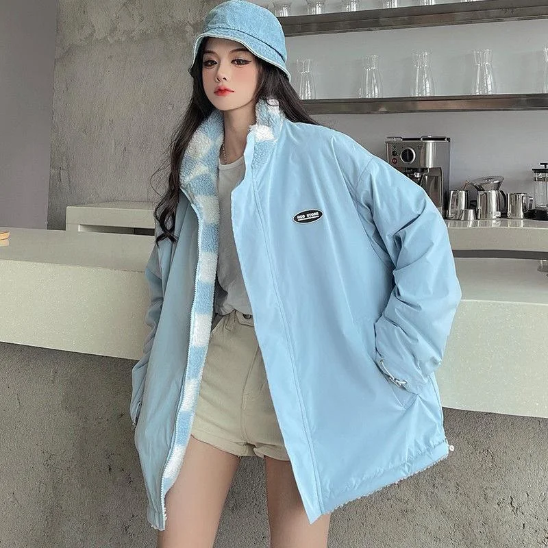 Streetwear Checkerboard Lamb Wool Coats on Both Sides Women New Winter Oversize Puffer Jackets Loose Stand Collor Parkas