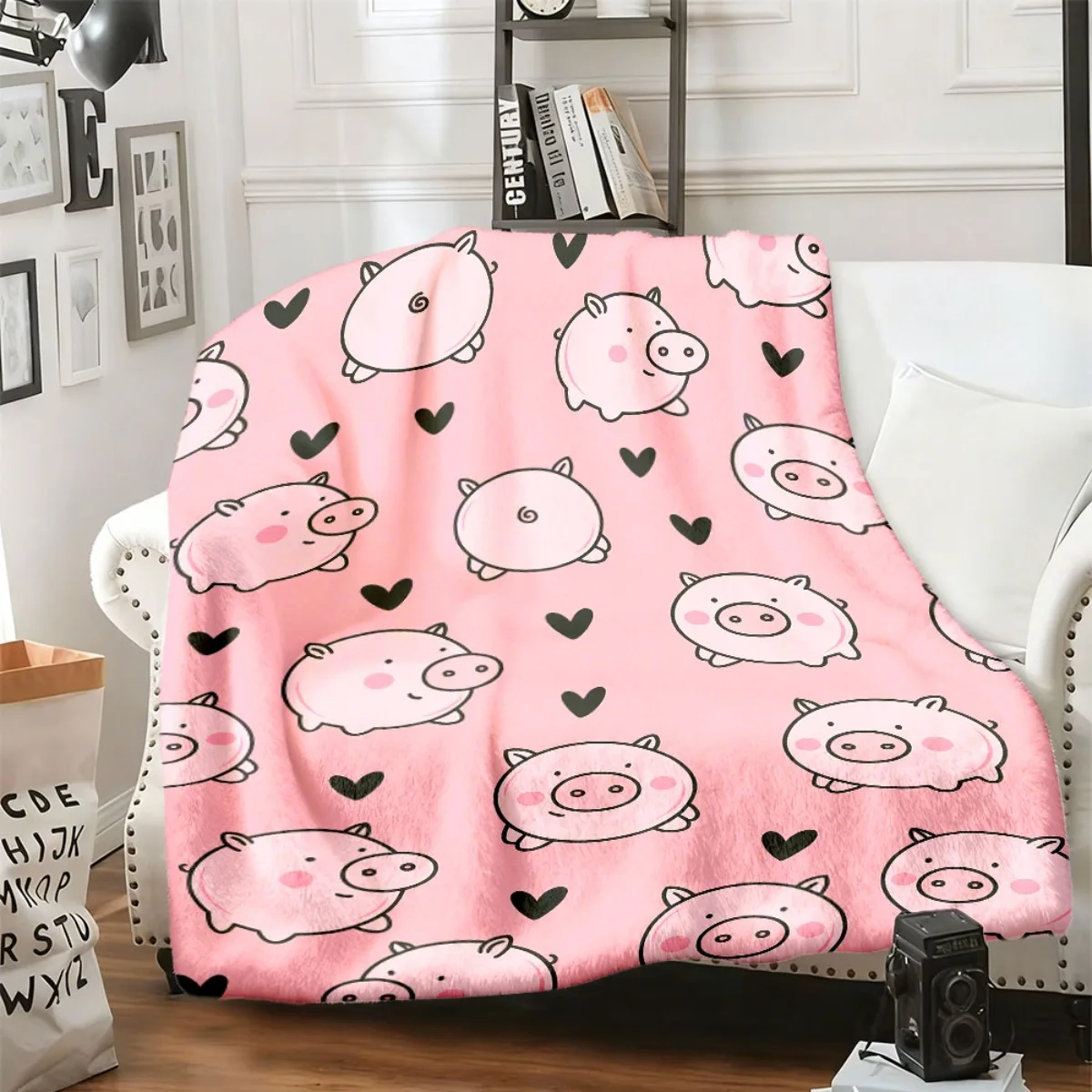 Soft Flannel Blanket Adorable Cartoon Piggy Pink Background Heart Art Design Lightweight Throw Blanket for Couch Bed Camping