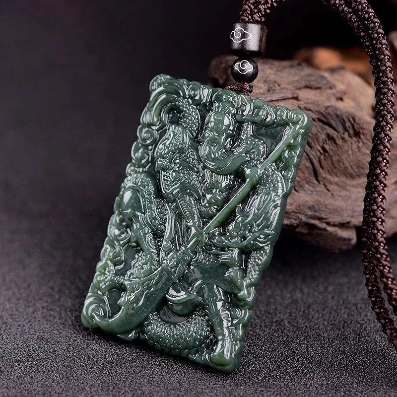 

Двусторонний кулон из хэтяньского зеленого нефрита с изображением Гуань Эр Е (Бог богатства), мужское ожерелье с восемнадцатью архатами, нефритовое украшение.