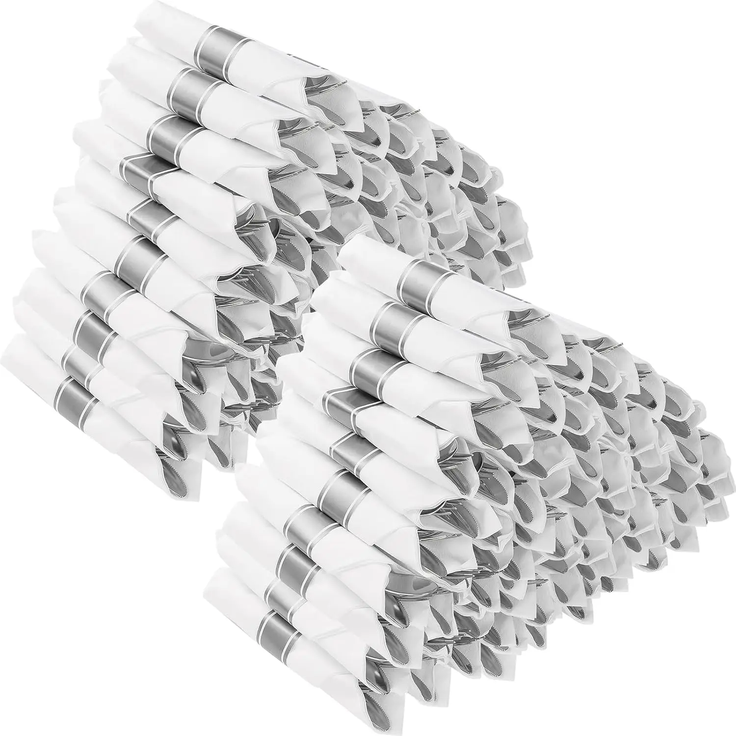 

100 Pack Pre Rolled Silver Plastic Silverware, Wrapped Plastic Cutlery Set with Napkin Include 100 Forks, 100 Knives, 1