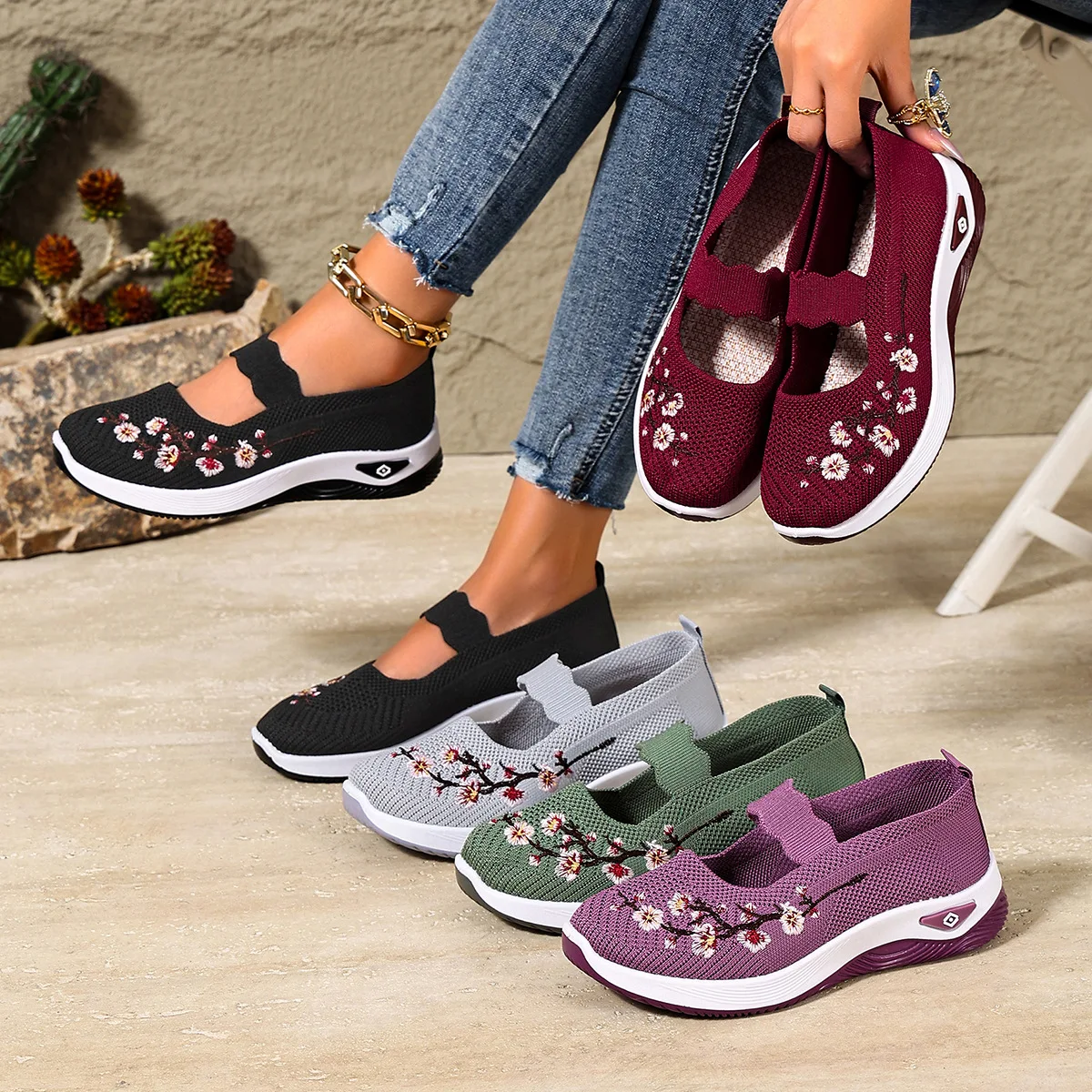 Zapatos de malla para mujer, estilo Mary Jane, con bordado floral, zapatillas sin cordones, suaves, cómodas, antideslizantes, zapatos planos casuales para señoras mayores.