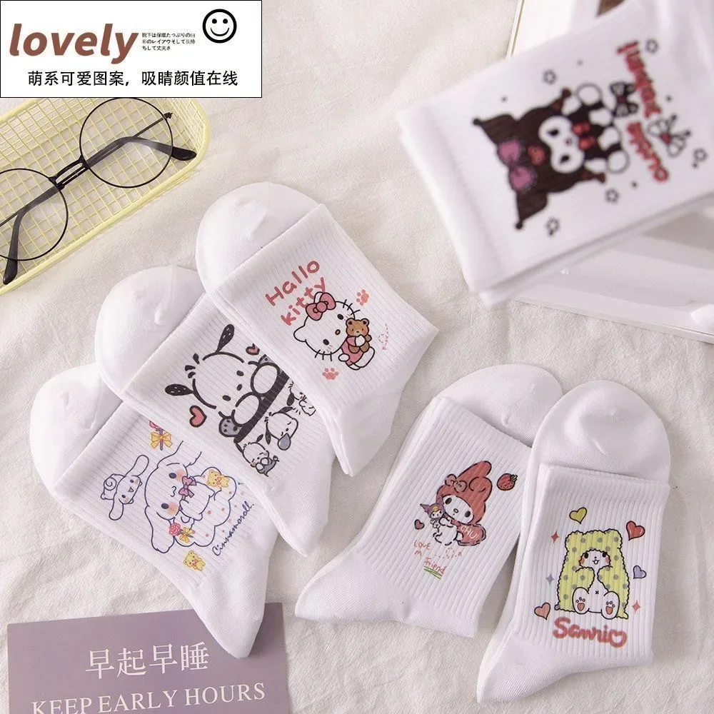 Cartoon Hello Kittys Sanrios Kuromi Socks Ins Girl's Heart Kawaii Warm and Versatile Four Seasons Medium Socks Gifts