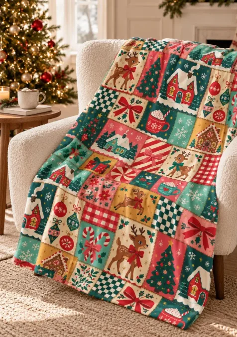 Vintage Christmas Throw Blanket Lightweight Blanket Patchwork Inspired Holiday Decor Nostalgic Cottage Christmas Couch Throw