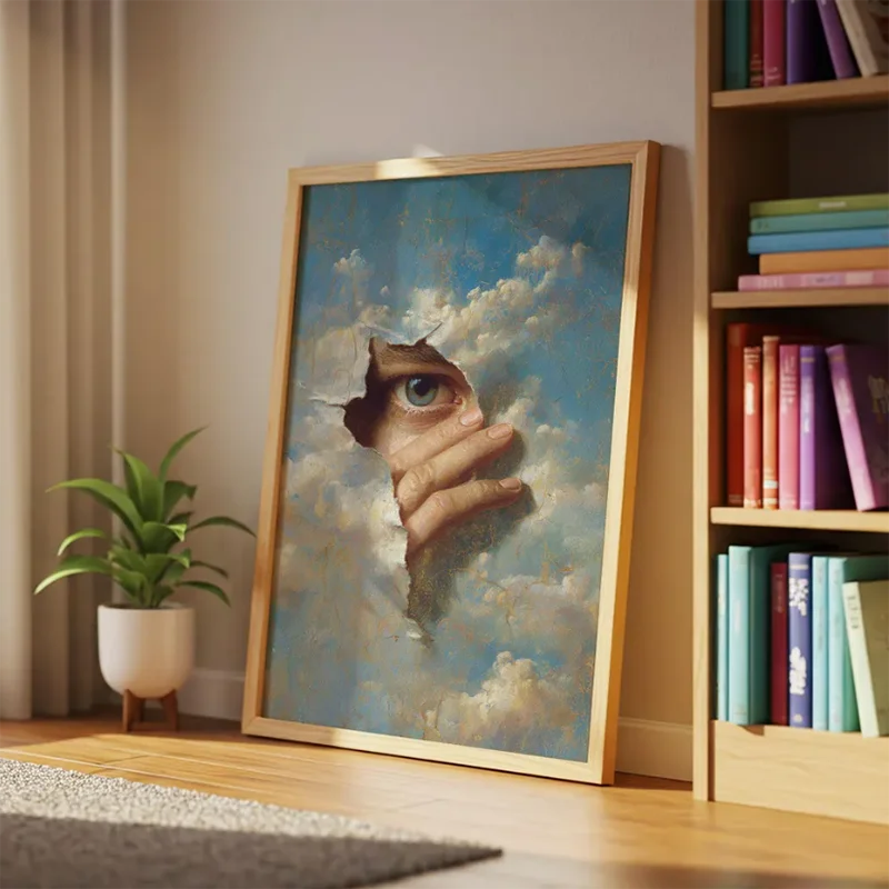 Surreal Eye in Clouds Art Print, Renaissance Style Goldfish Girl Poster, Retro Wall Art Canvas, Surreal Art Print, Humor Quirky