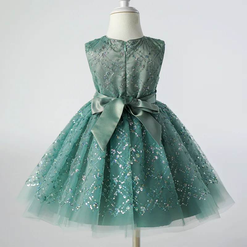 3 4 To 7 8 10 Years Little Girl Clothes Summer Princess Dresses Glowing Luxury Party Holiday Children\'s Green Sleeveless Dress