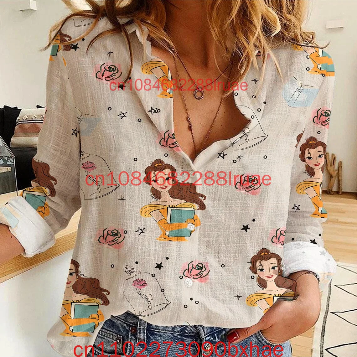 

New Princess Belle Women's Casual Shirt Disney Women Blouses Shirt Magic Kingdom Shirt Shirt For Women Disney Vintage Shirt