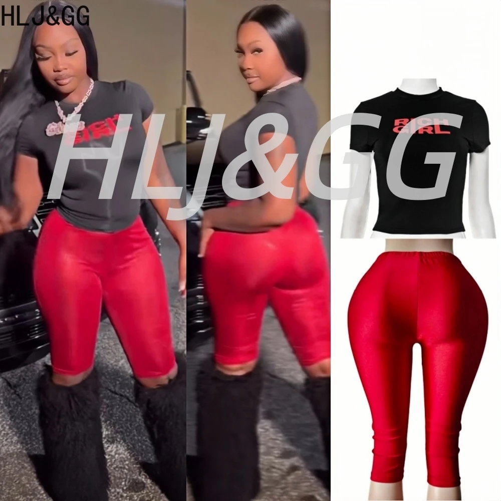 

HLJ&GG Fashion Letter Print Tshirts Two Piece Sets Women O Neck Short Sleeve Slim Crop Top And Pants Outfit Y2K 2pcs Streetwear