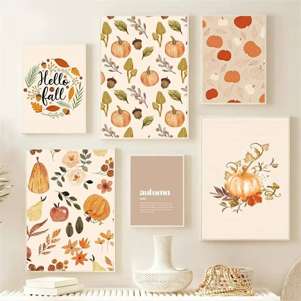 1 Stück Rahmenloses 'Hallo Herbst' Kürbis-Leinwandbild Herbstlandschaft Blätter Poster Druck Nordisches Bild Wohnzimmer Heimdekoration
