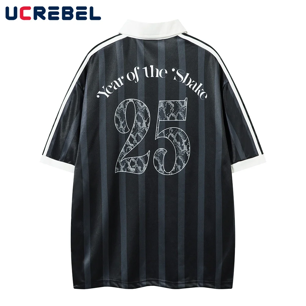 Letter Print Striped Short Sleeve Polo Shirts Men Double-sided Printed  Summer High Street Half-Sleeve Loose Tops Men Jersey