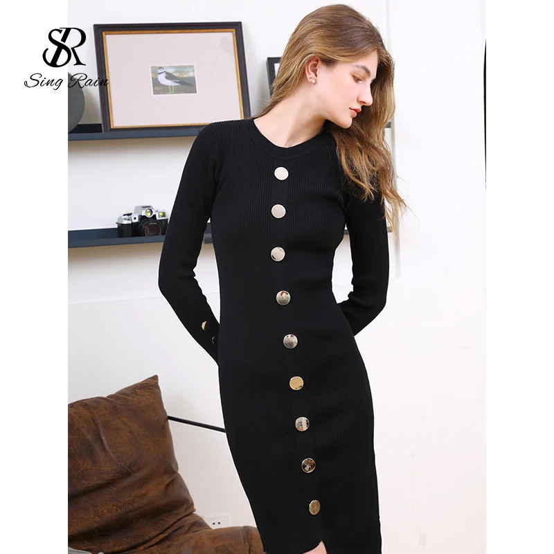 

SINGRAIN Women Irregular Knitted O Neck Long Sleeve Elastic Slim Sweater Dress Fashion Autumn Winter Bodycon Vestidos